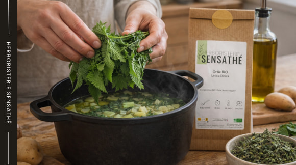 Préparation d’une soupe d’ortie fraîche avec sachet Sensathé pour une cuisine saine et riche en fer - Herboristerie Sensathé